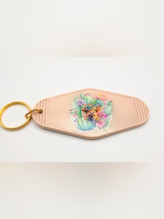 Handmade Accessories - Motel Keychain Custom Retro Style Tan Cow Keyring